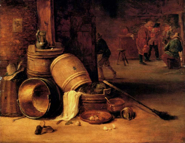 An interior scene with pots, barrels, baskets, onions and cabbages with boors carousing in the background