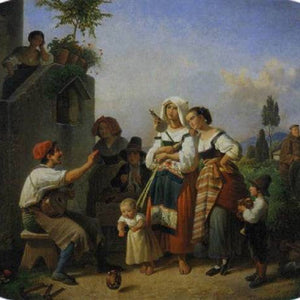 An Italian shoemaker playing music in front of his house, surrounded by local women with their children