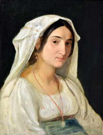 An Italian Woman from the Area of Lake Albano Wearing a White Headpiece in home office