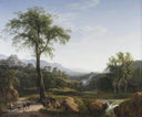 An Italianate landscape with travellers resting in the shade of a tree, a view of Tivoli in the background by Hendrik Voogd — rural oil painting wall art, Romanticism