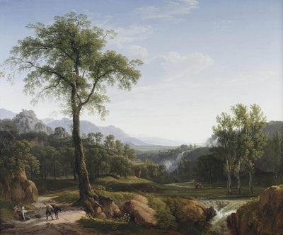 An Italianate landscape with travellers resting in the shade of a tree, a view of Tivoli in the background by Hendrik Voogd — oil painting reproduction