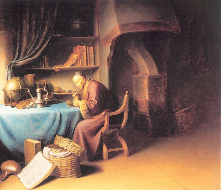 An Old Man Lighting his Pipe in a Study - Gerrit Dou