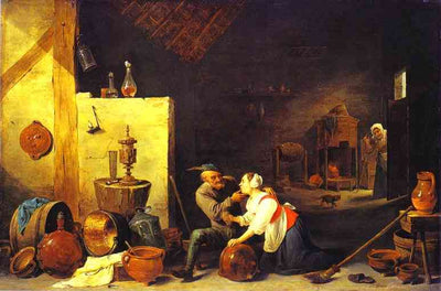 An Old Peasant Caresses a Kitchen Maid in a Stable in apartment