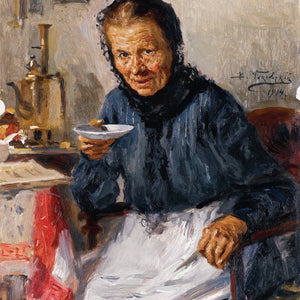 An old woman drinking tea by Vladimir Makovsky — Oil Painting Reproduction