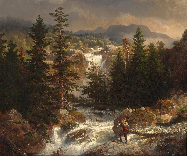 A Fisherman Inspecting His Catch near a Mountain Torrent