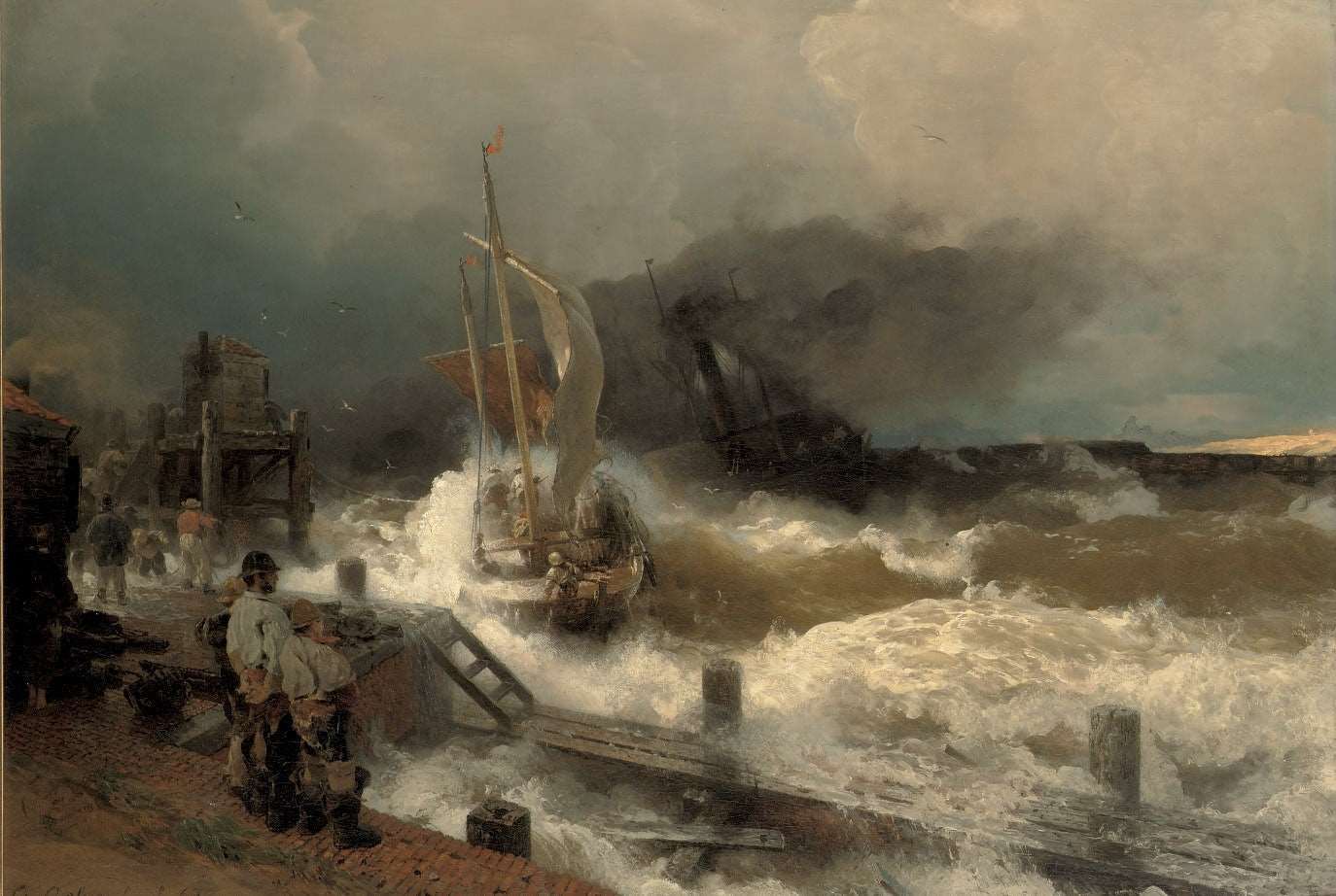 A Fishing Boat and a Steamer in Rough Seas - Andreas Achenbach