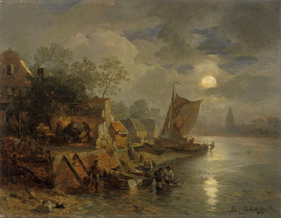 Nocturnal coastal landscape with fishermen in hallway