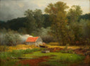 Shed By A Lake in Wooded Hilly Countryside by Andreas Achenbach — hand-painted botanical oil painting reproduction on canvas