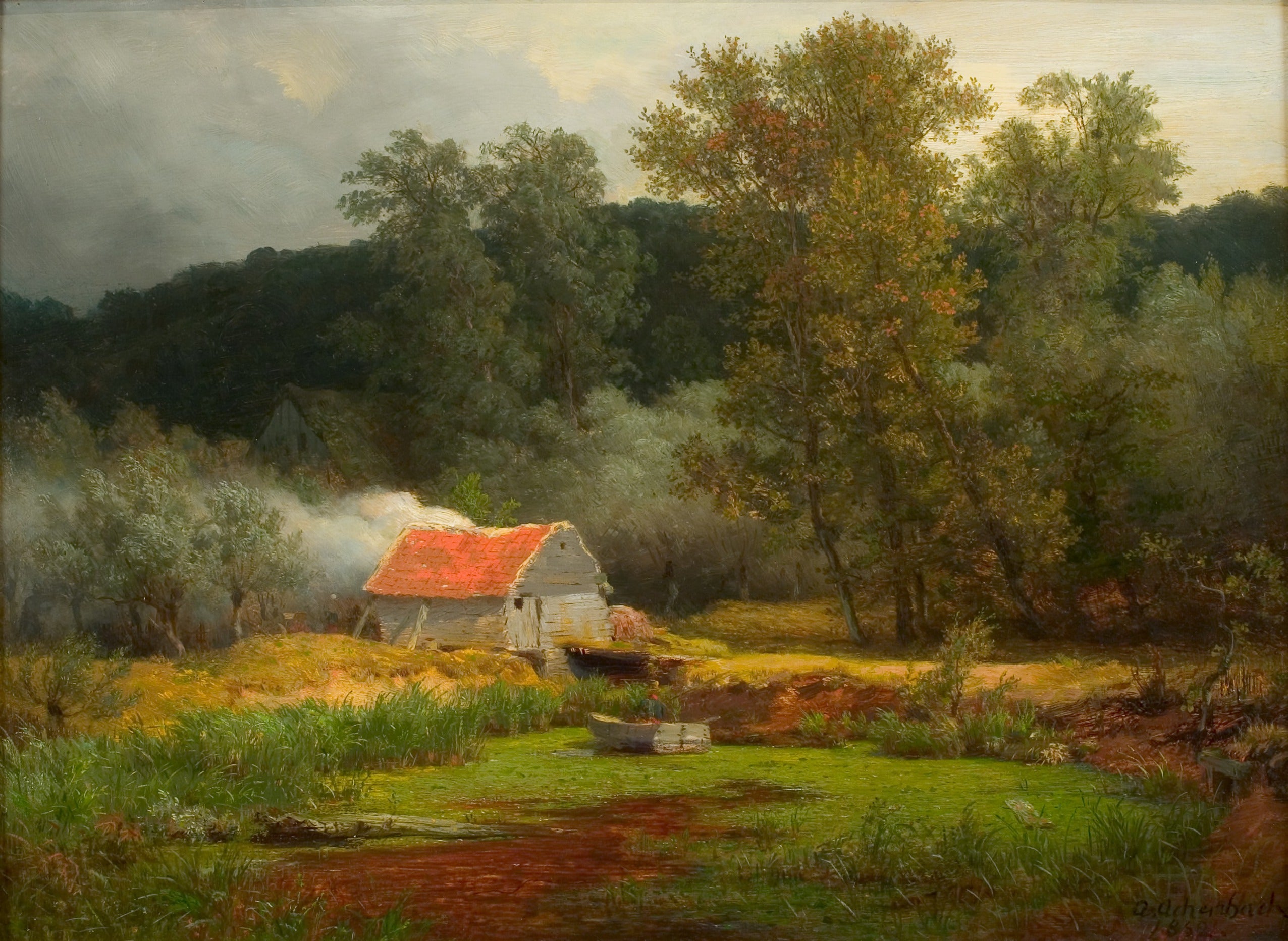 Shed By A Lake in Wooded Hilly Countryside - Andreas Achenbach