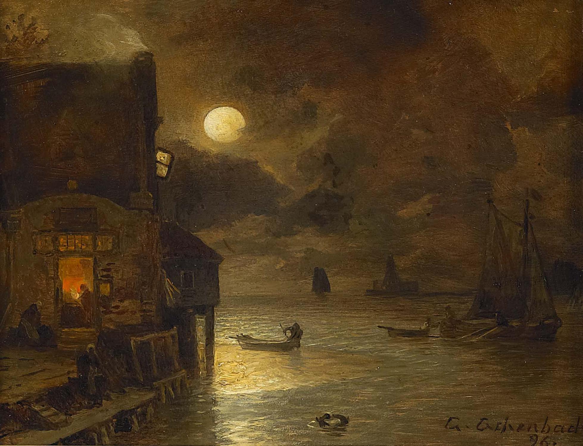 Full moon night on the quay - Andreas Achenbach