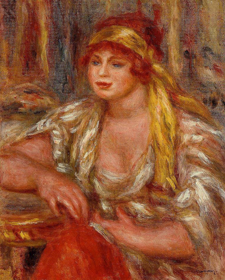 Andree in Yellow Turban and Blue Skirt - Pierre-Auguste Renoir