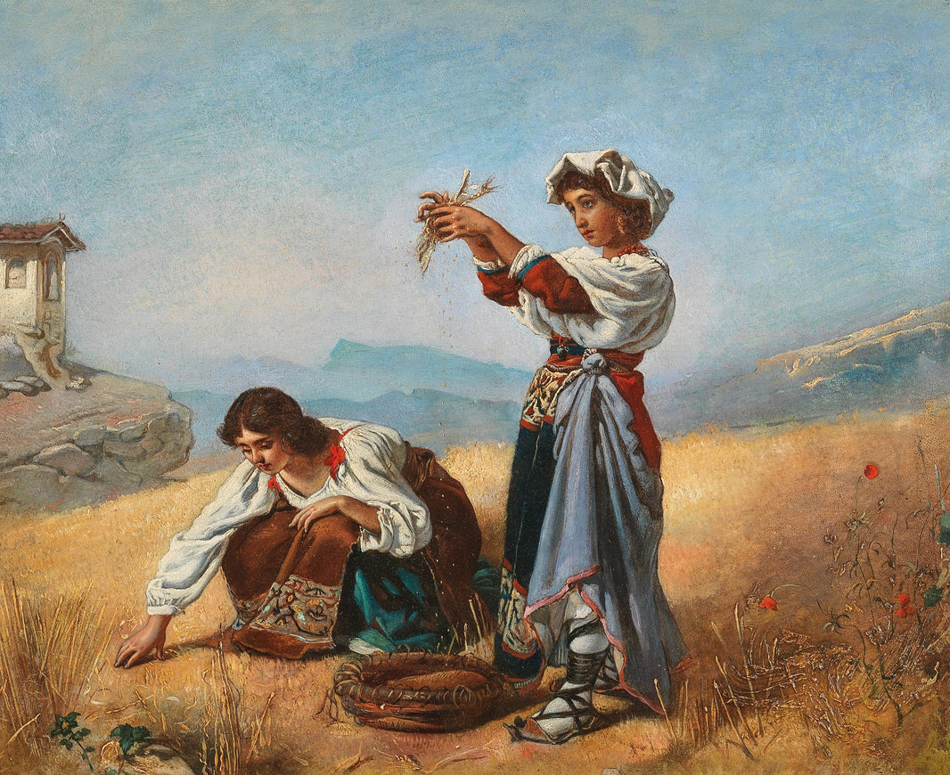 Two Girls Gathering Ears of Corn near a Wayside Shrine by Anton Romako — hand-painted portrait oil painting reproduction on canvas