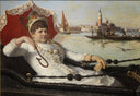 The Lady in Gondola With Venice In The Background by Antonio Paoletti — female oil painting wall art, Romanticism