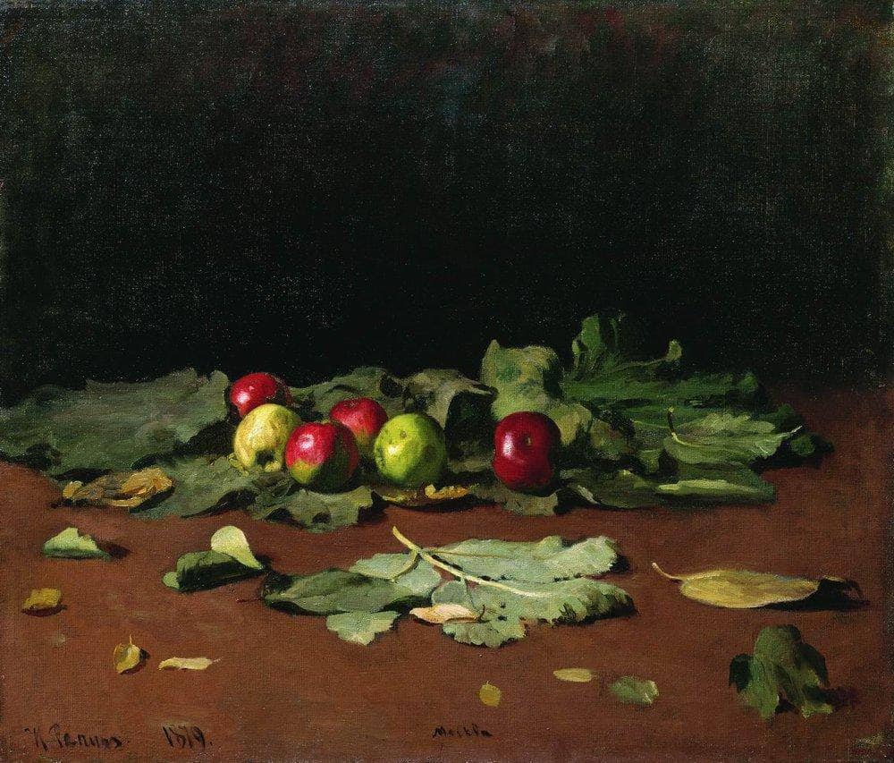 Apples and Leaves by Ilya Repin — hand-painted botanical oil painting reproduction on canvas