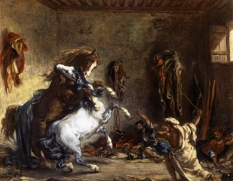 Arab Horses Fighting in a Stable - Eugene Delacroix