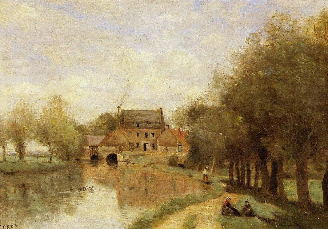 Arleux du Nord, the Drocourt Mill, on the Sensee by Camille Corot — hand-painted landscape oil painting reproduction on canvas