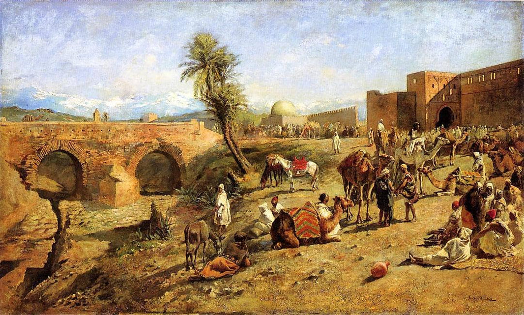 Arrival of a Caravan Outside The City of Morocco by Edwin Lord Weeks — hand-painted animal oil painting reproduction on canvas