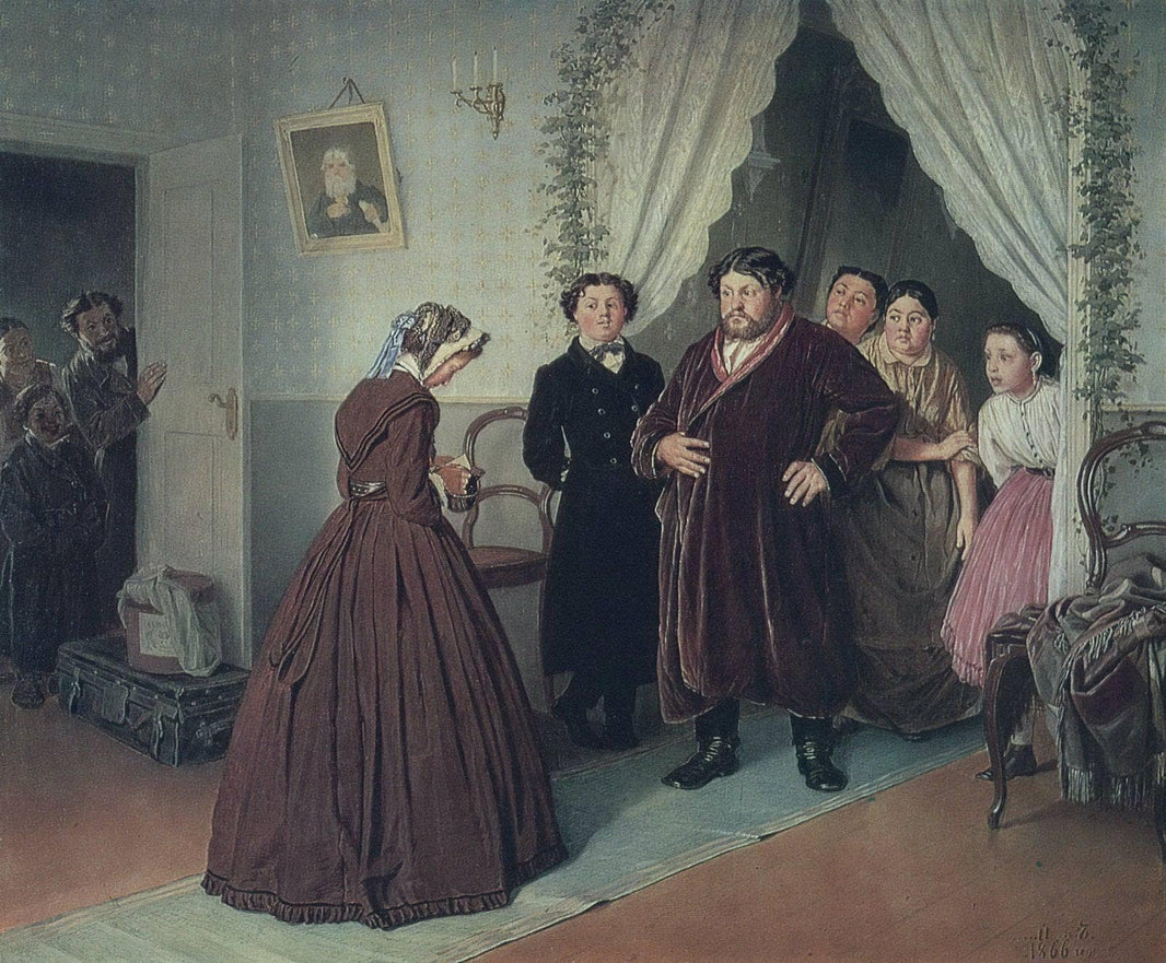 Arrival of a New Governess in a Merchant House by Vasily Perov — hand-painted portrait oil painting reproduction on canvas