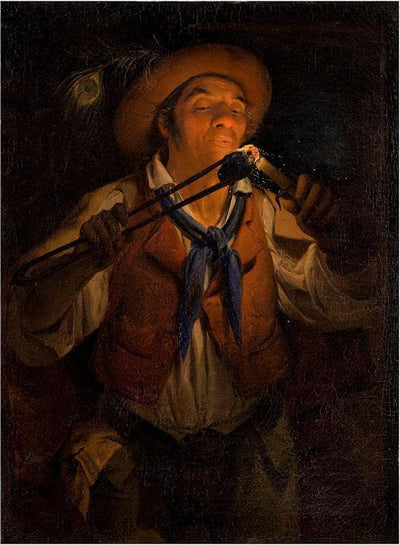 Farmer lighting a candle with a burning stick by Angelo Inganni — oil painting reproduction