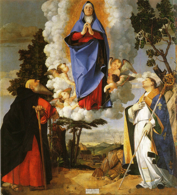 Asolo Altarpiece, main panel: Scene of the Assumption with St. Anthony the Abbot and St. Louis of Toulouse - Lorenzo Lotto