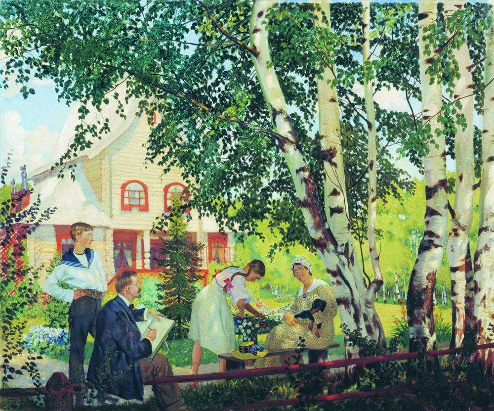At Home by Boris Kustodiev — hand-painted architectural oil painting reproduction on canvas