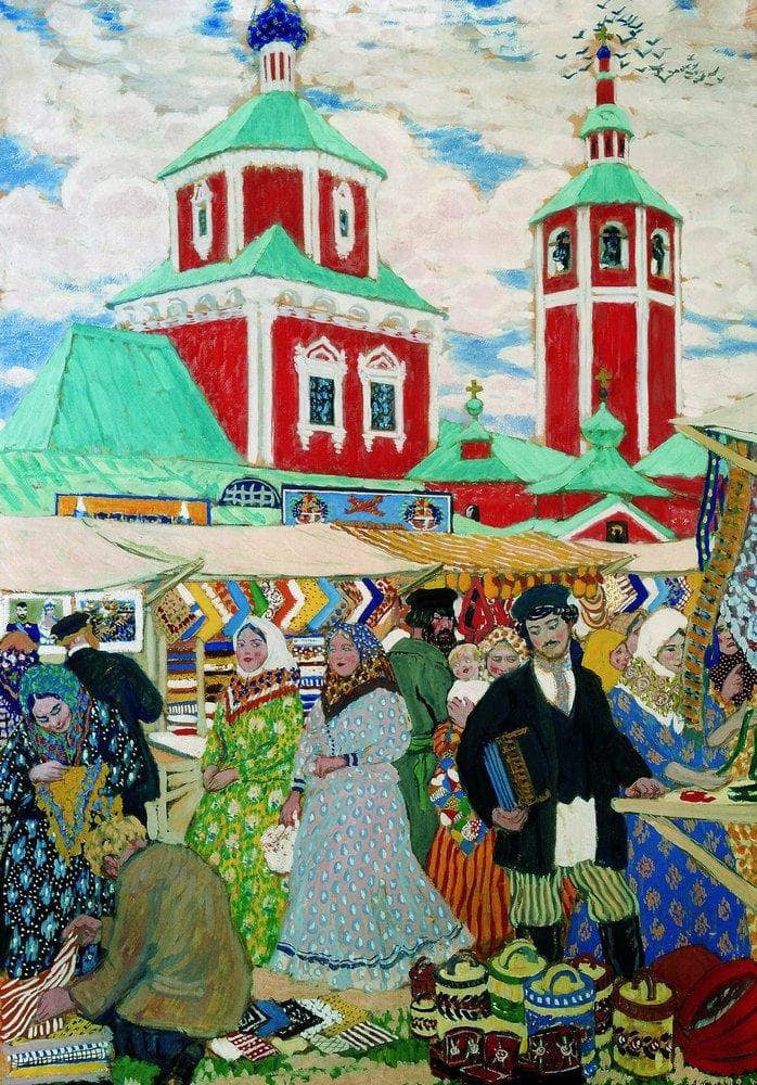 At The Fair by Boris Kustodiev — hand-painted architectural oil painting reproduction on canvas