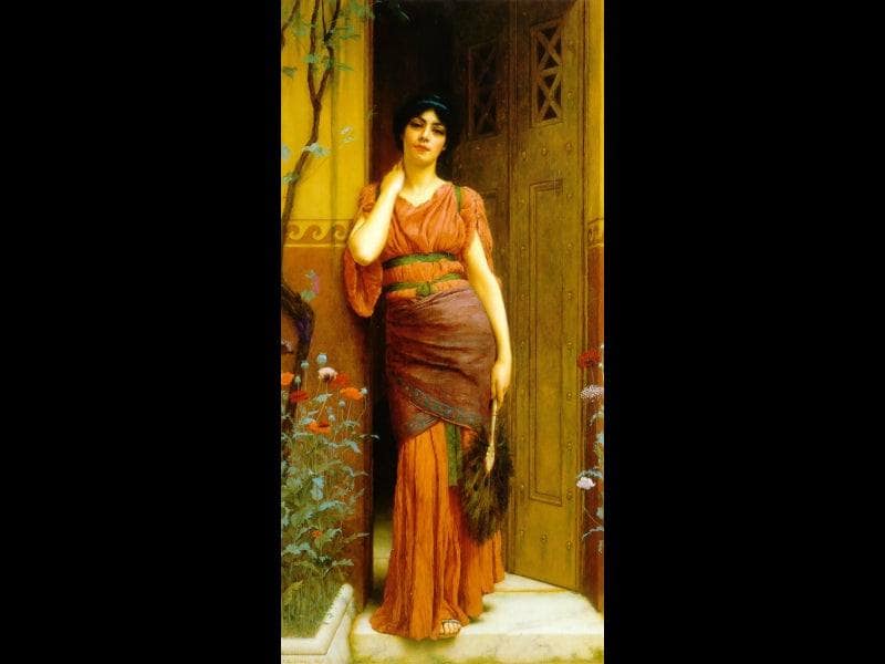 At the Garden Door by John William Godward — hand-painted botanical oil painting reproduction on canvas
