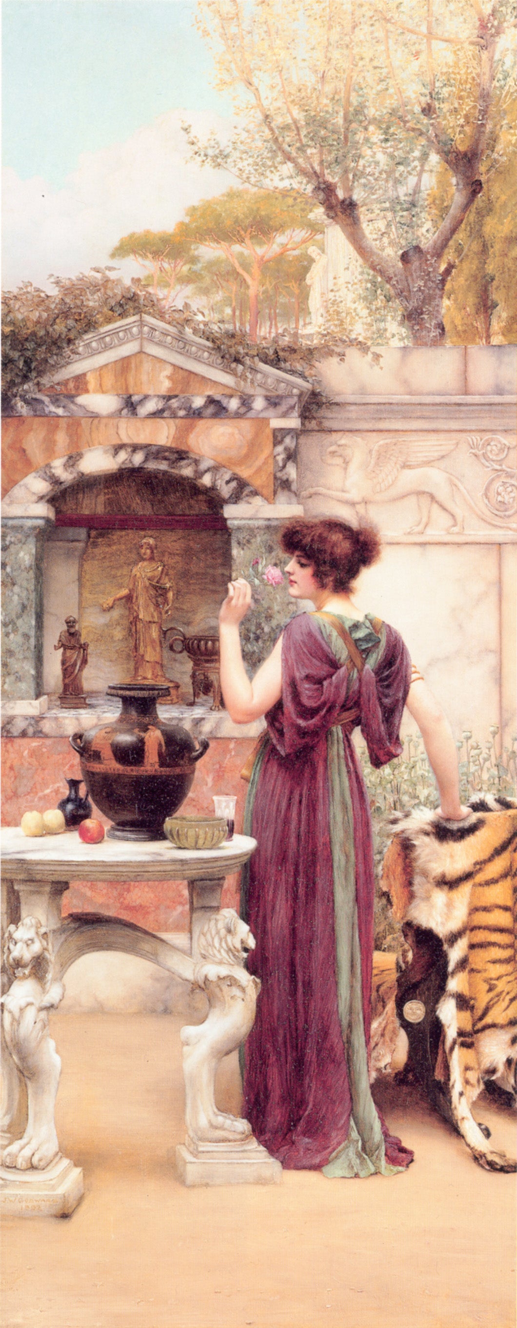 At the Garden Shrine, Pompeii by John William Godward, hand-painted botanical oil painting reproduction on canvas