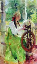 At the Spinning-Wheel by Konstantin Makovsky — hand-painted portrait oil painting reproduction on canvas