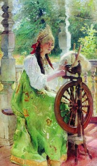 At the Spinning-Wheel by Konstantin Makovsky — hand-painted portrait oil painting reproduction on canvas