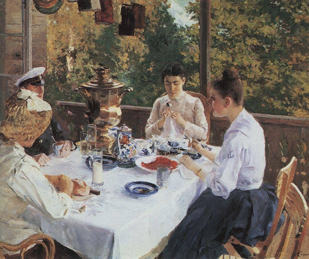 At the Tea-Table by Konstantin Korovin — hand-painted portrait oil painting reproduction on canvas