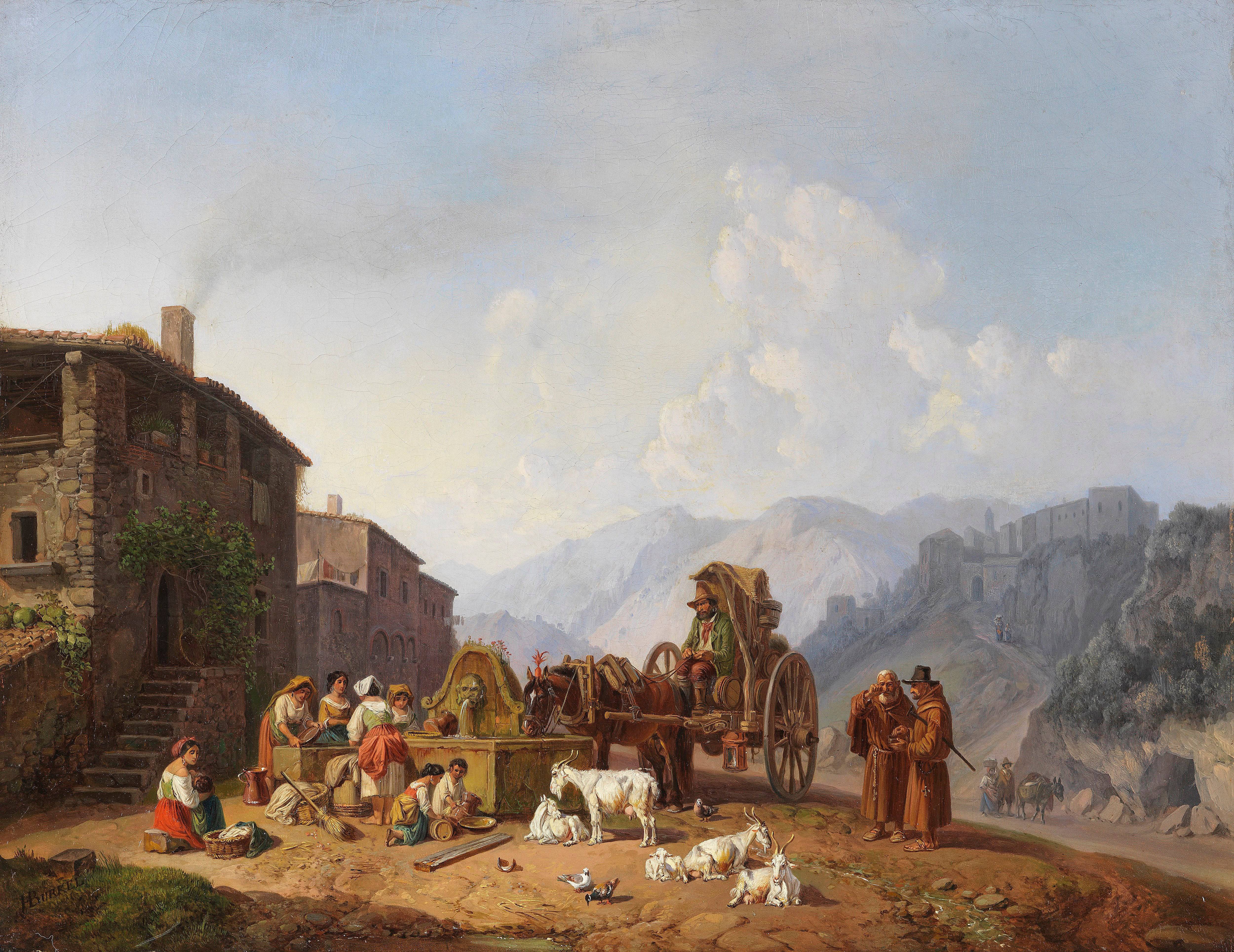 At the village fountain in the Italian mountains - Heinrich Bürkel