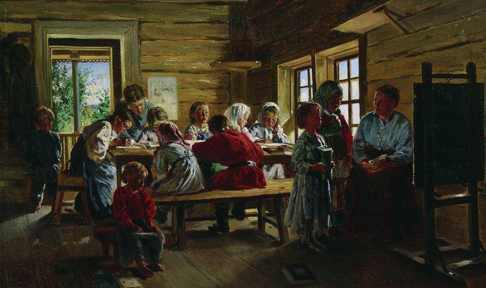 At the village school by Vladimir Makovsky — hand-painted portrait oil painting reproduction on canvas
