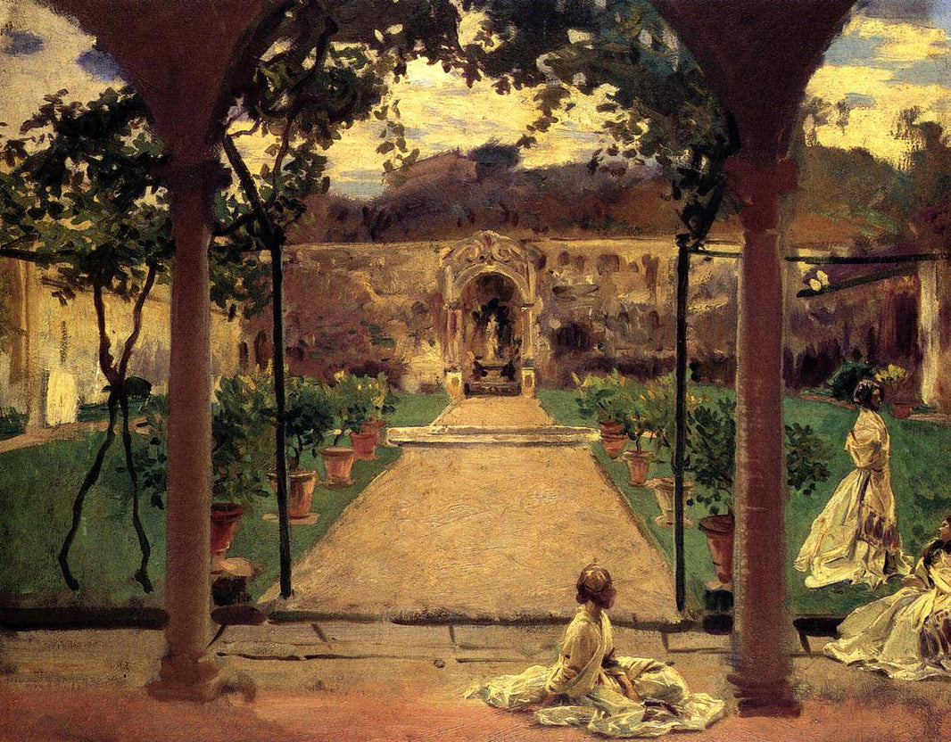 At Torre Galli. Ladies in a Garden by John Singer Sargent, hand-painted architectural oil painting reproduction on canvas