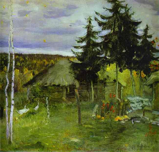 Autumn in a Village by Mikhail Nesterov — hand-painted architectural oil painting reproduction on canvas