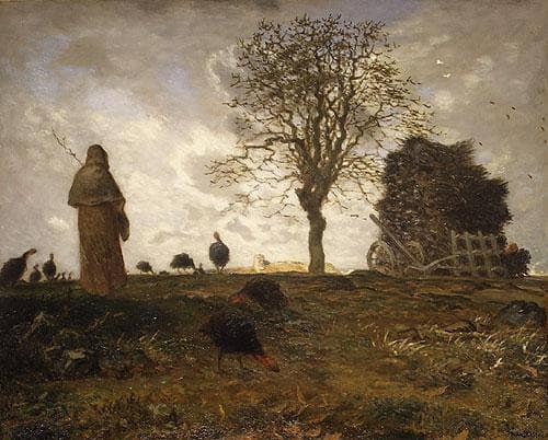 Autumn Landscape with a Flock of Turkeys by Jean-Francois Millet — hand-painted botanical oil painting reproduction on canvas