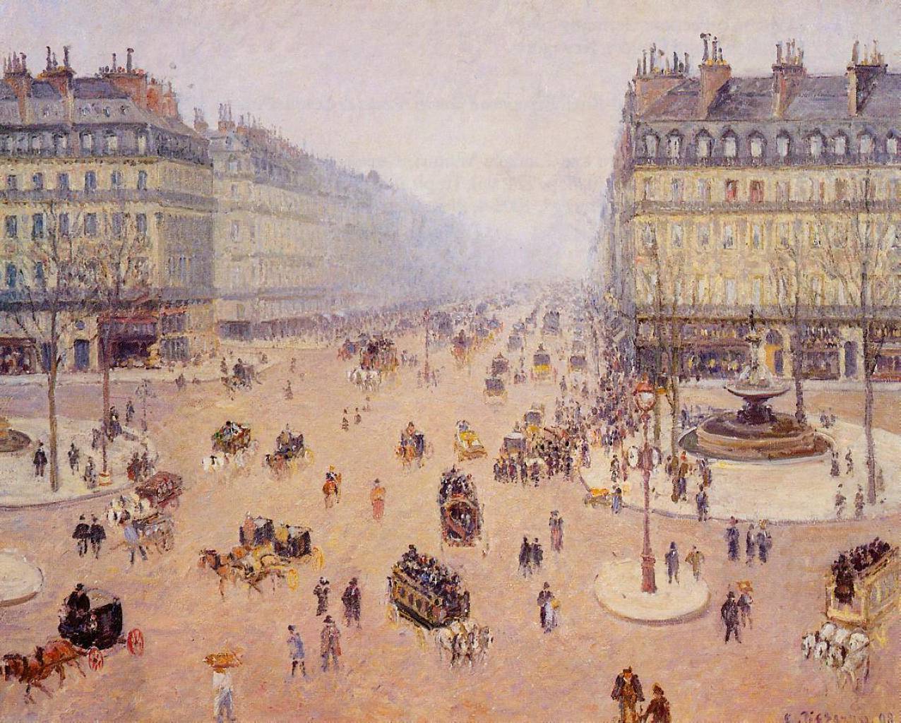 Avenue de l'Opera, Place du Thretre Francais Misty Weather - Camille Pissarro