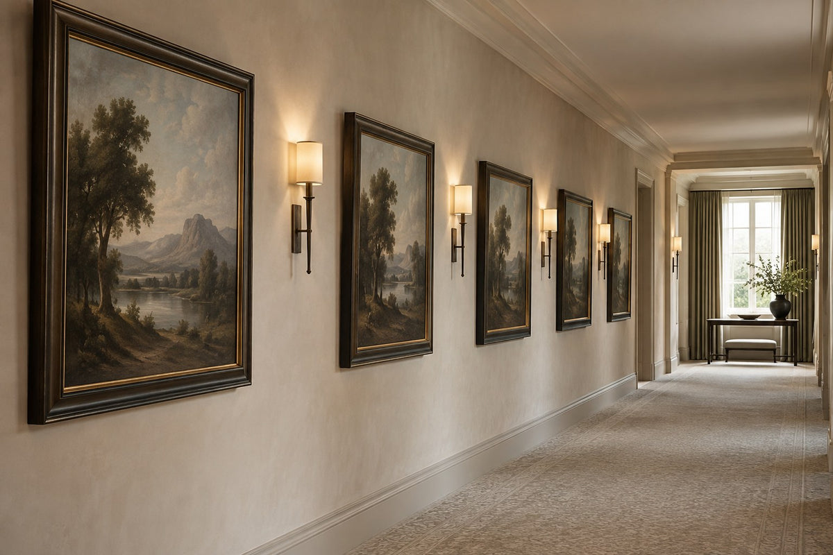 Hotel corridor with a run of identical framed oil paintings in sequence
