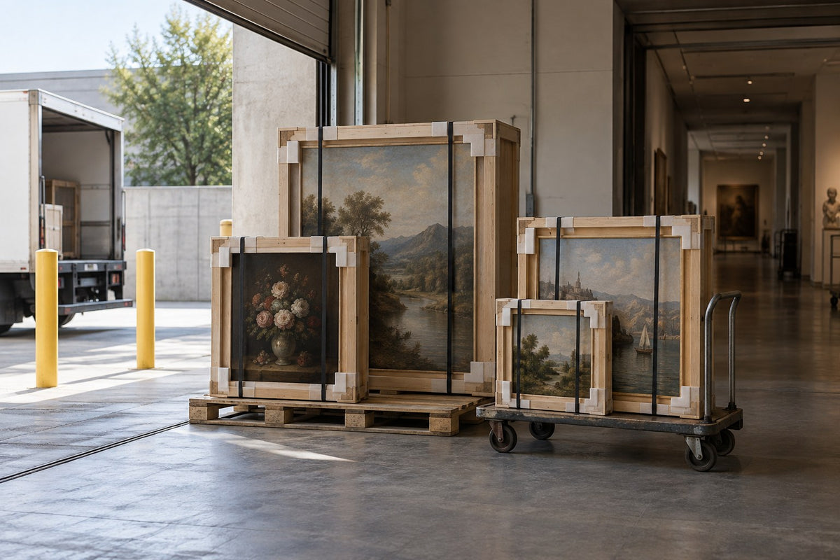 Wooden art crates stacked on a hotel service loading dock