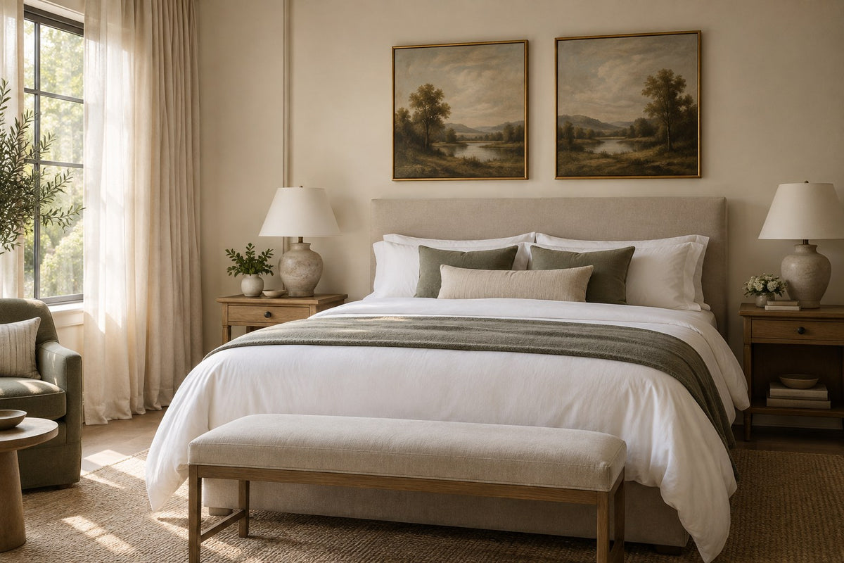 Hotel guest room with a matching pair of classical landscape oil paintings above the bed