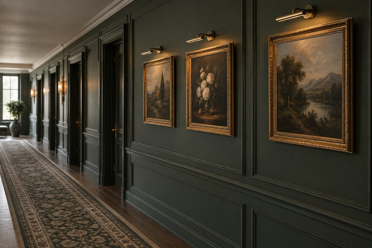 Hotel corridor hung with a series of three small classical oil paintings in gold frames