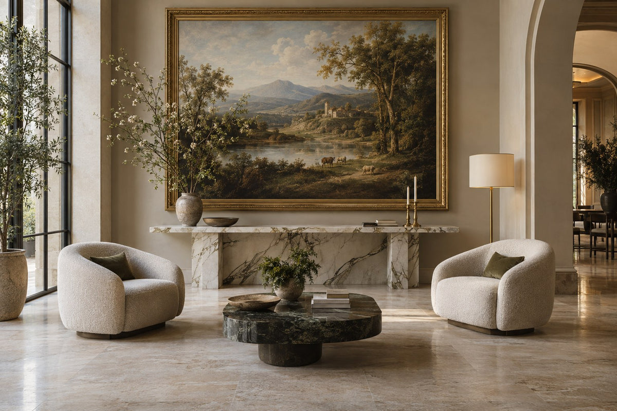 Hotel lobby with an oversized hand-painted classical landscape oil painting