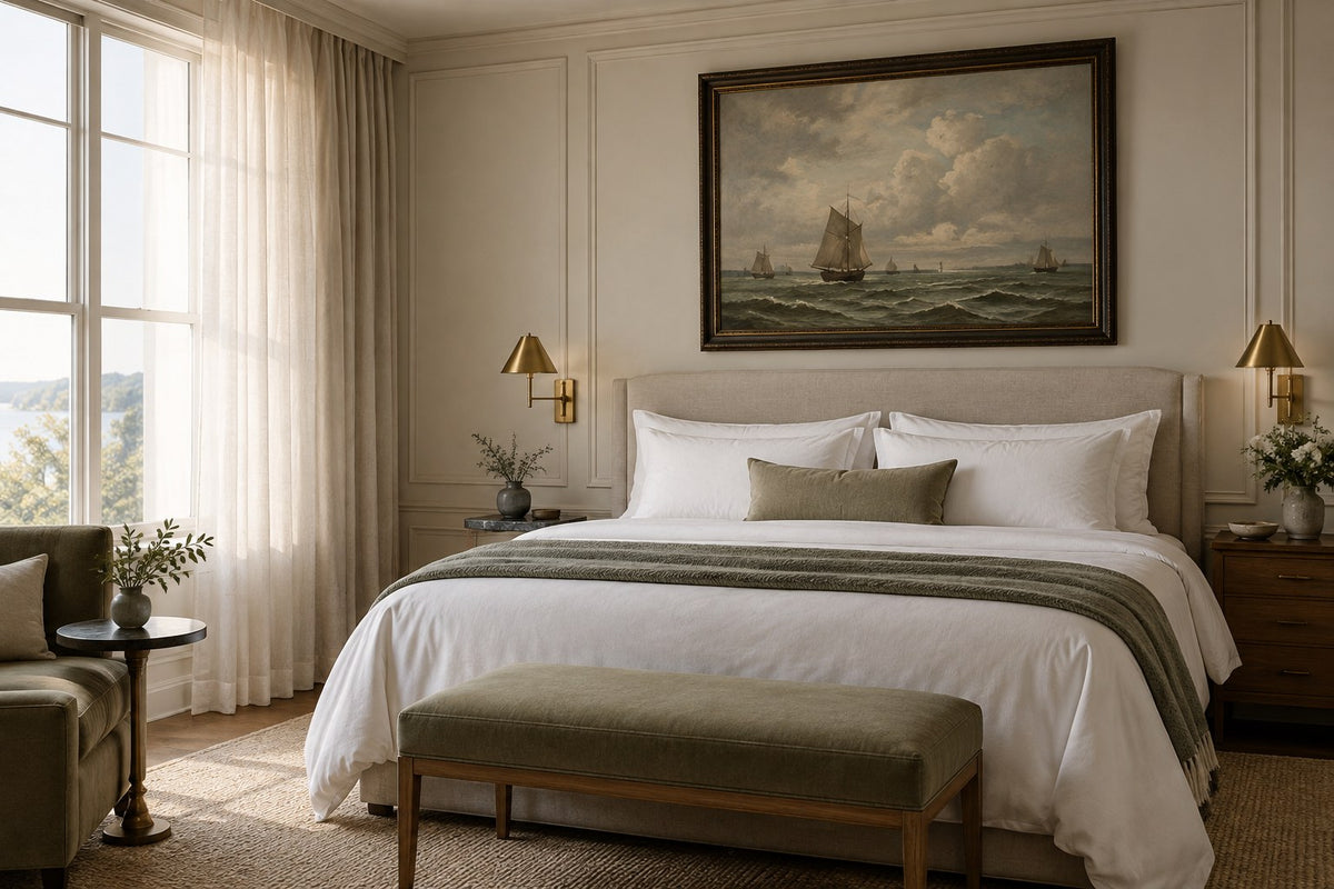 Hotel suite bedroom with a classical seascape oil painting above the headboard