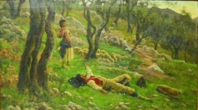 Bagpiper and shepherdess with flock in the woods - Enrico Nardi