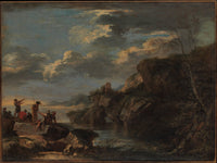 Bandits on a Rocky Coast by Salvator Rosa — hand-painted landscape oil painting reproduction on canvas