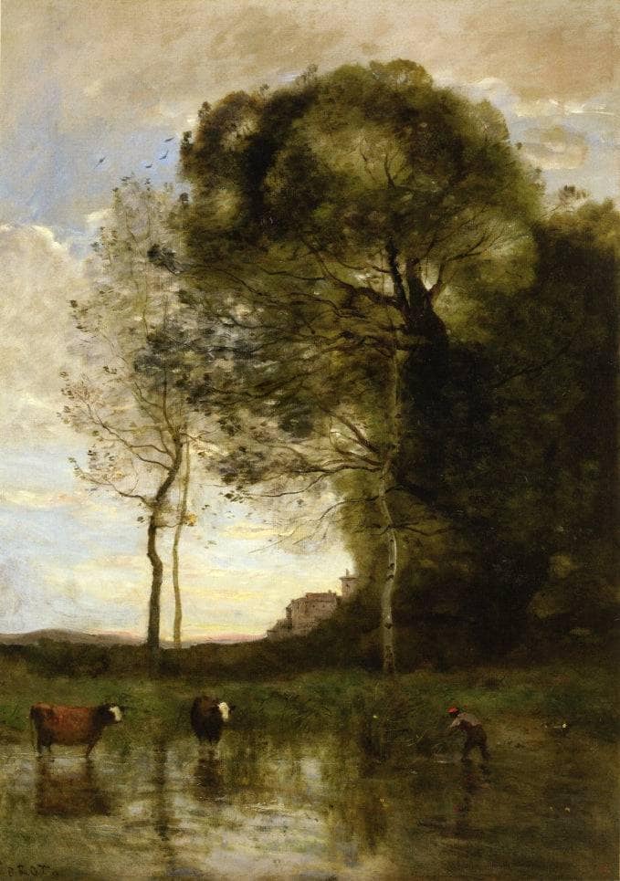Banks of a Pond in Normandy by Camille Corot — hand-painted animal oil painting reproduction on canvas
