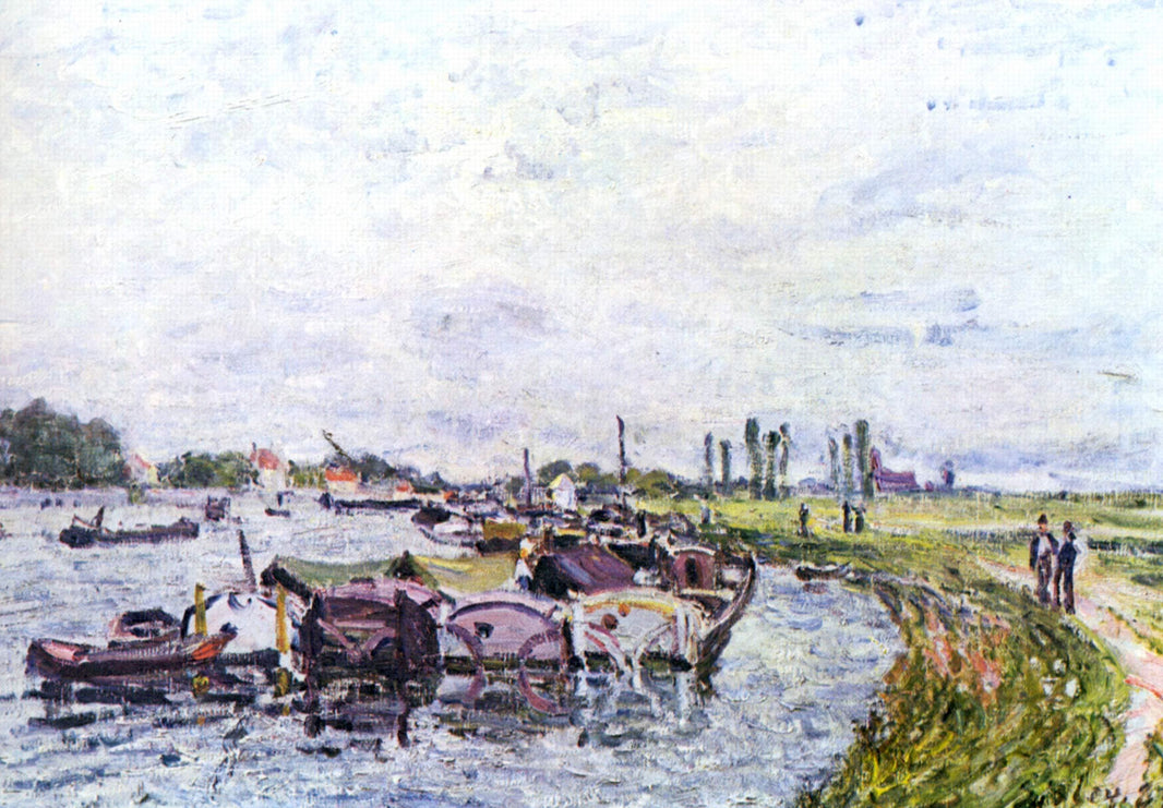 Barges at Saint Mammès by Alfred Sisley — hand-painted landscape oil painting reproduction on canvas
