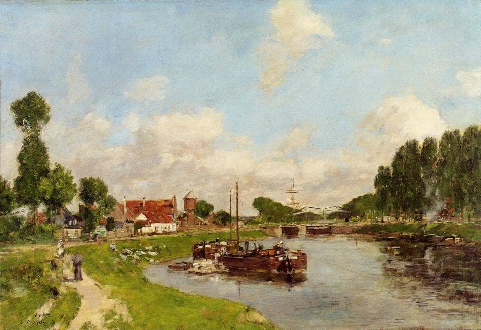 Barges on the canal at Saint-Valery-sur-Somme by Eugene Boudin — hand-painted landscape oil painting reproduction on canvas