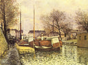Barges on the Canal Saint Martin in Paris by Alfred Sisley — hand-painted botanical oil painting reproduction on canvas