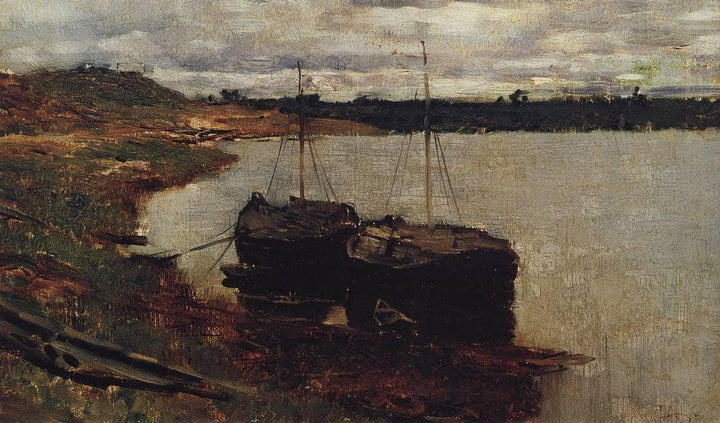 Barges. The Volga. by Isaac Levitan — hand-painted landscape oil painting reproduction on canvas